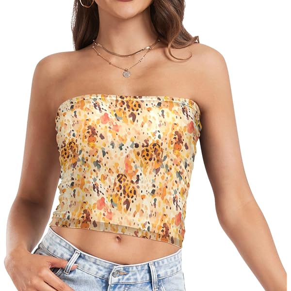Womens Tube Tops Yellow Flower Floral Mesh Crop Top Strapless